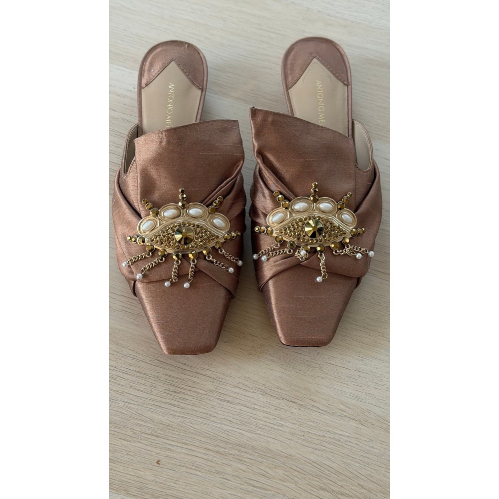 Antonio Melani Bronze Satin Evil Eye Embellished Mules Square Toe Heel 5.5M